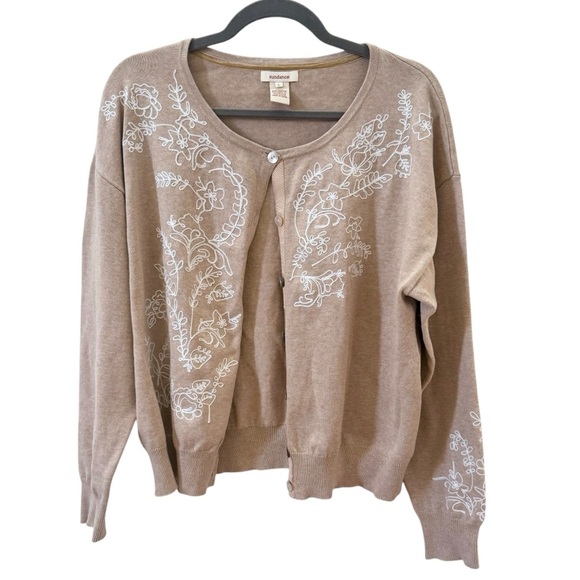 Sundance Embroidered Floral Tan 100% Cotton Cardigan Sweater Size Large - Picture 8 of 12